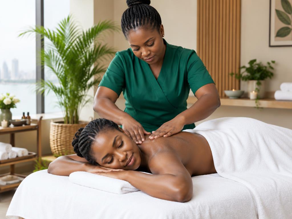 Massage therapist giving a relaxing shoulder massage